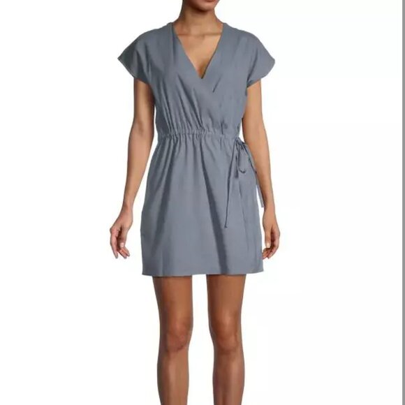 Theory Pants - Theory Short-Sleeve Linen-Blend Wrap-Front Romper Steel Size 2